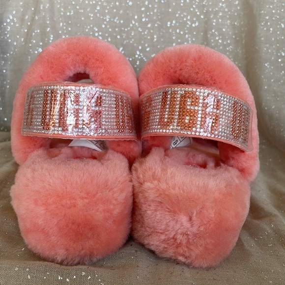 Brand New UGG Fluff Yeah Genuine Lamb Fur Slides Slippers Sparkly Crystal Strap - Picture 7 of 14